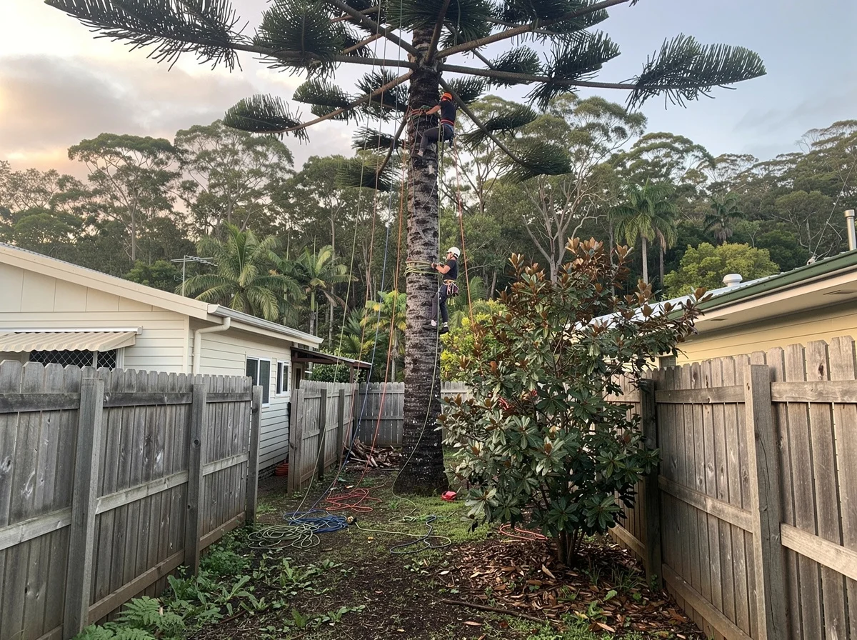 Large Hoop Pine being dismantled section by section in a cramped Bilambil Heights backyard